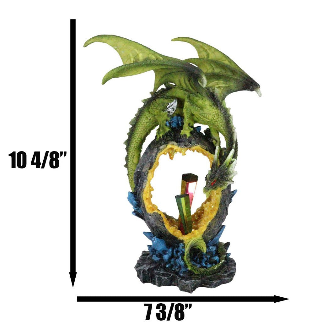 Green Dragon Guarding Faux Geode Crystal Arch Rock with Rainbow Icicle Figurine
