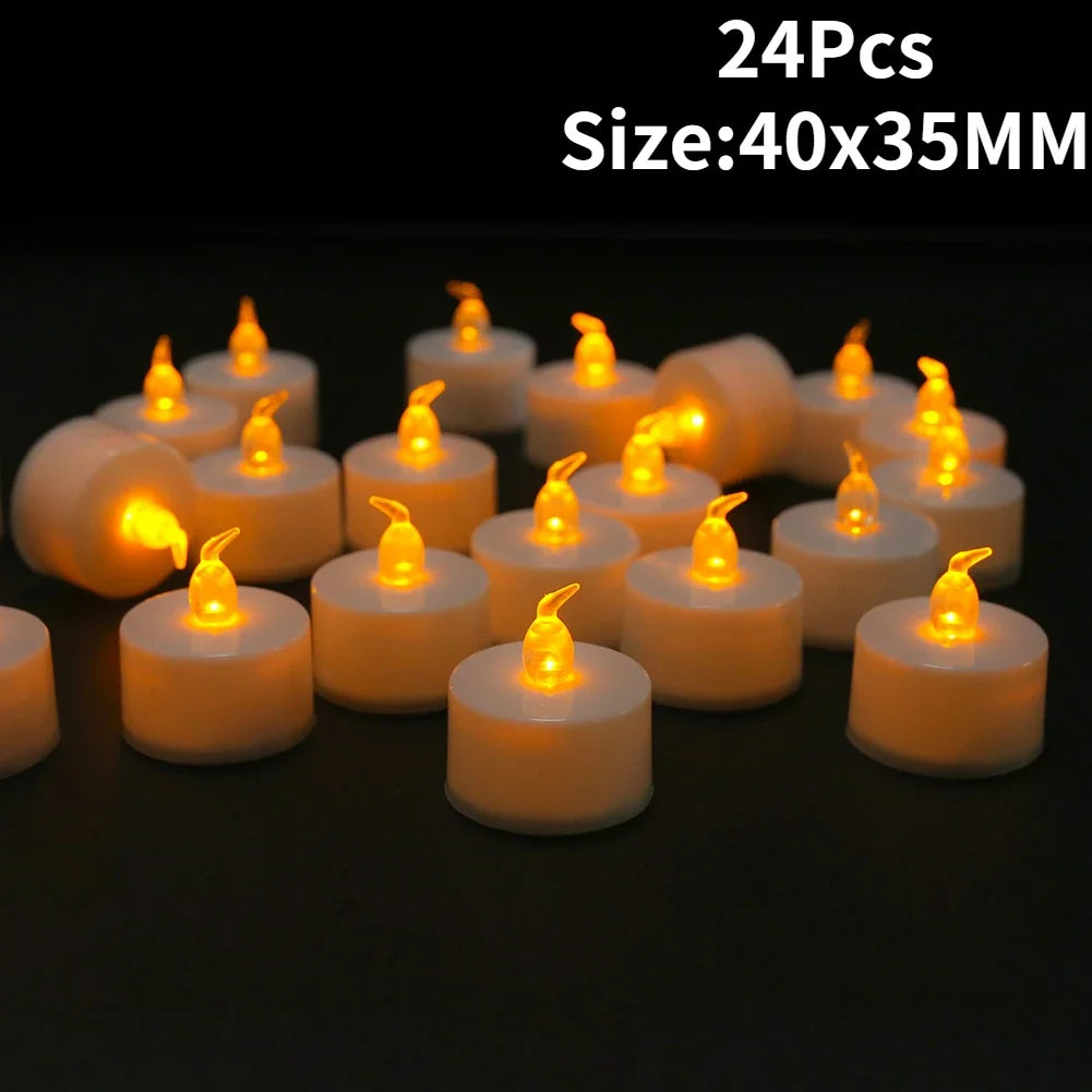 Flickering LED Tealight Candles – 12/24 Pcs | With or Without Remote Control | Flameless, Battery Operated