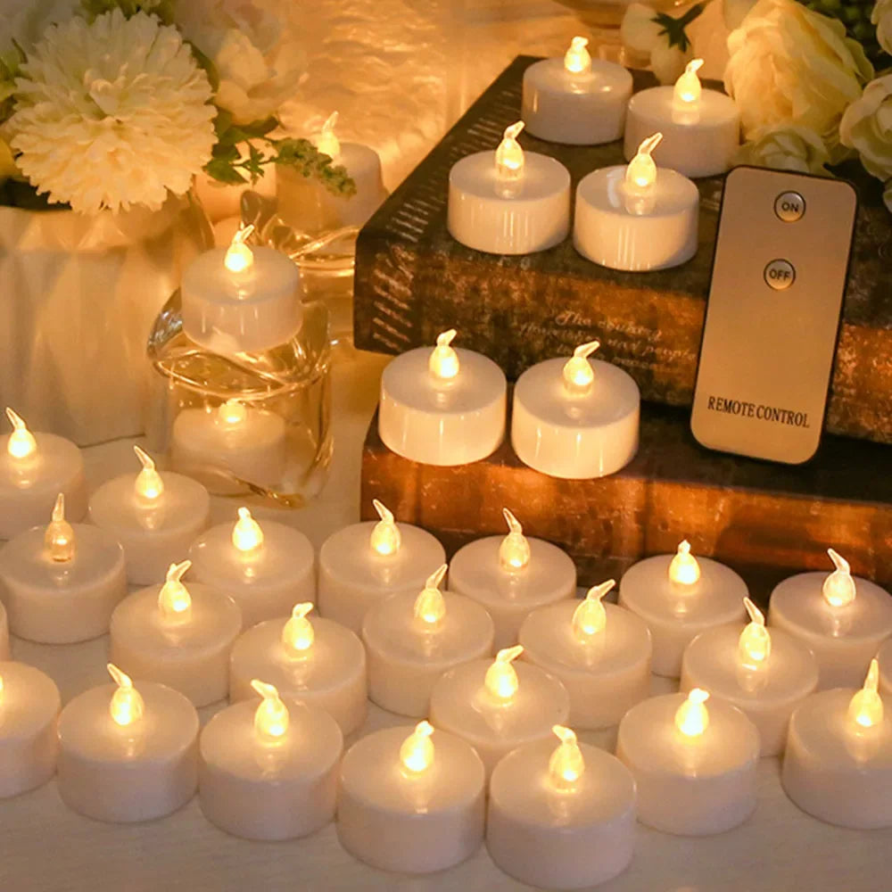 Flickering LED Tealight Candles – 12/24 Pcs | With or Without Remote Control | Flameless, Battery Operated