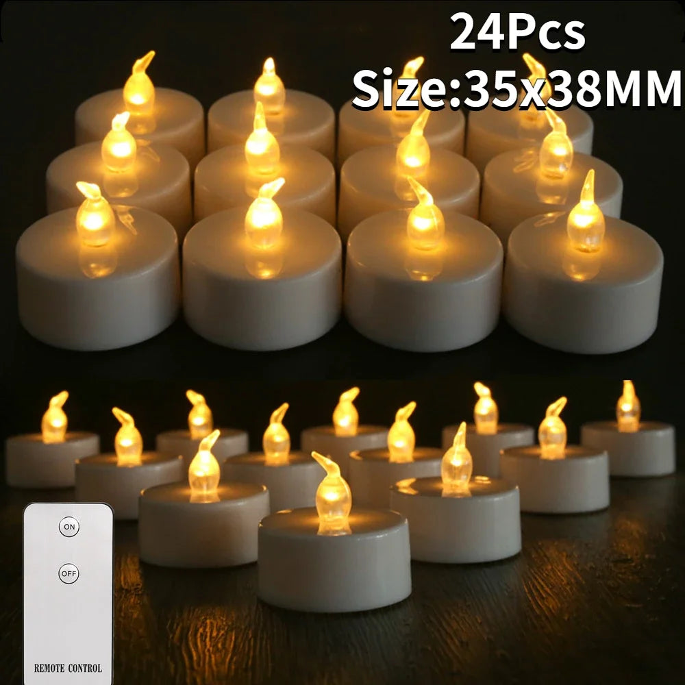 Flickering LED Tealight Candles – 12/24 Pcs | With or Without Remote Control | Flameless, Battery Operated