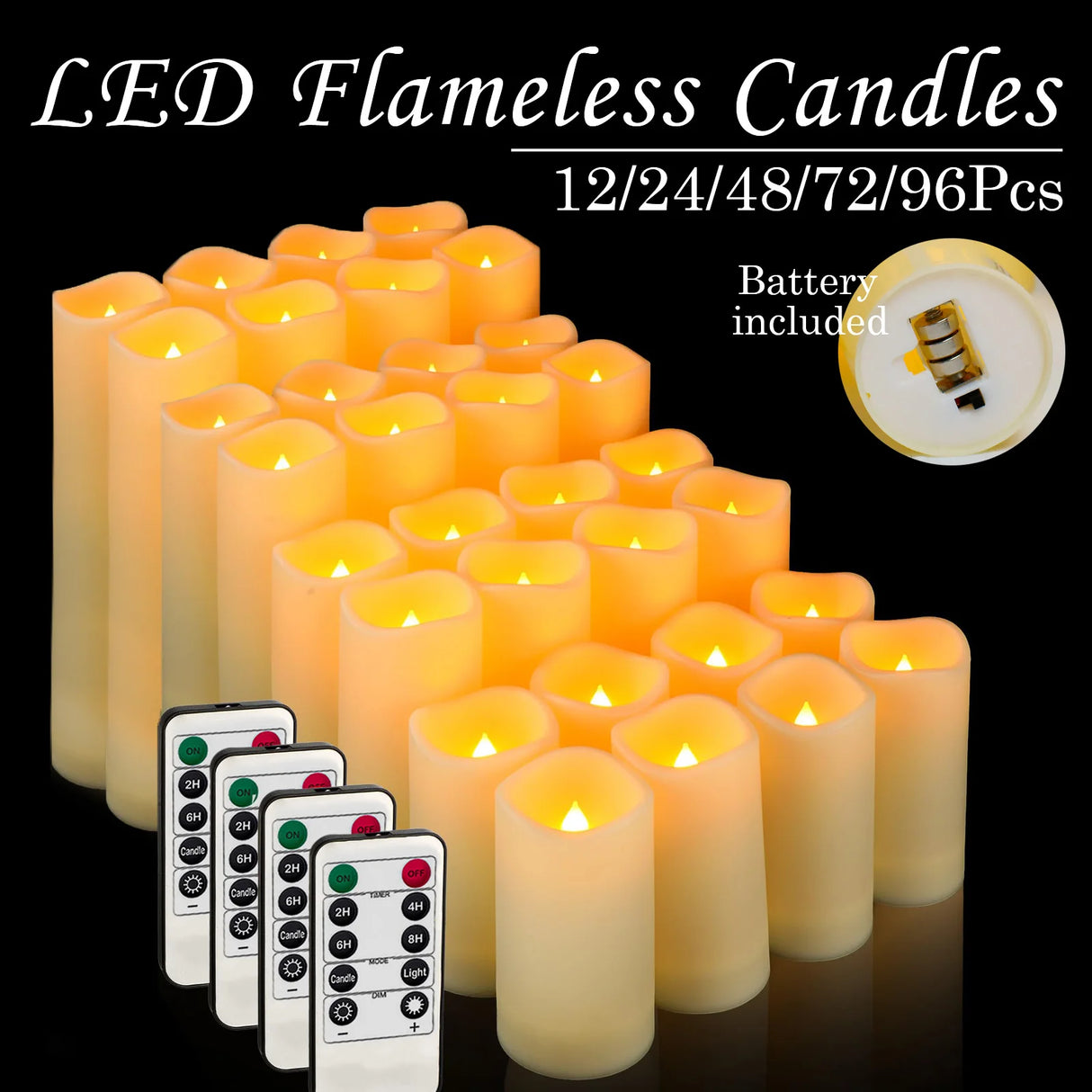 LED Flameless Candle Set (12–180 Pcs) – Battery Operated Pillar Candles with Remote Control