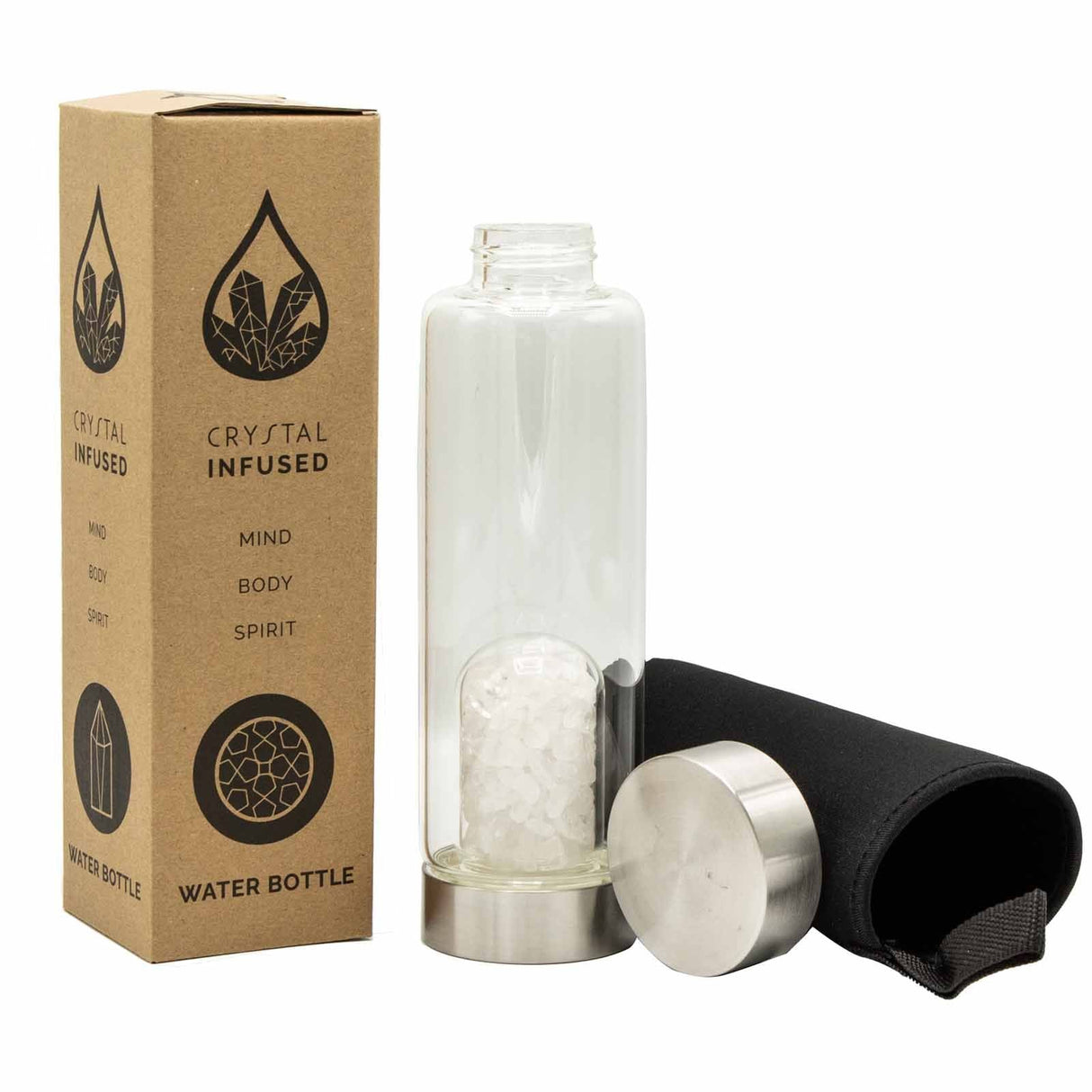 Crystal Infused Glass Water Bottle - Cleansing Clear Quartz