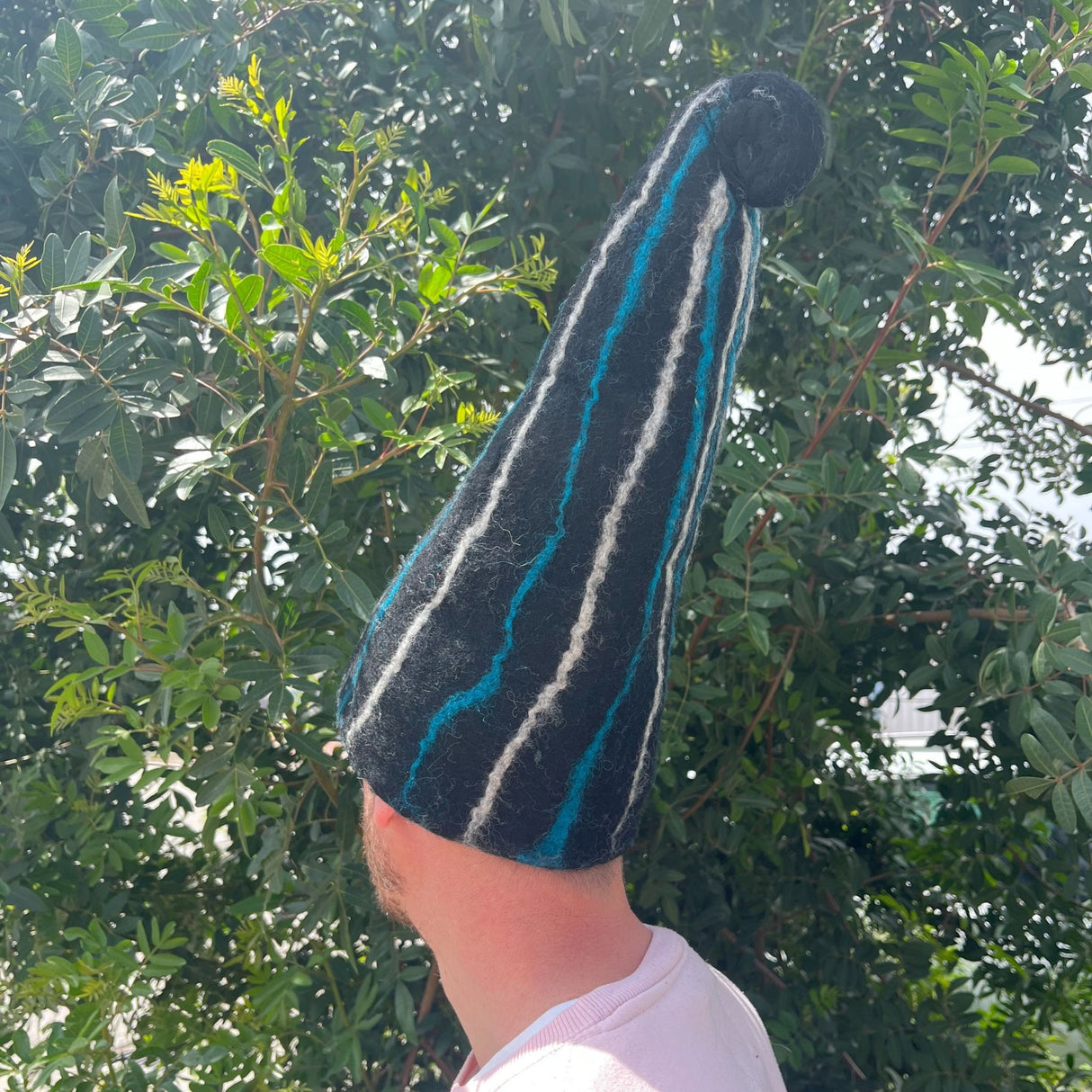 Felted Sauna Wizard Hat - Black Blue Streaks