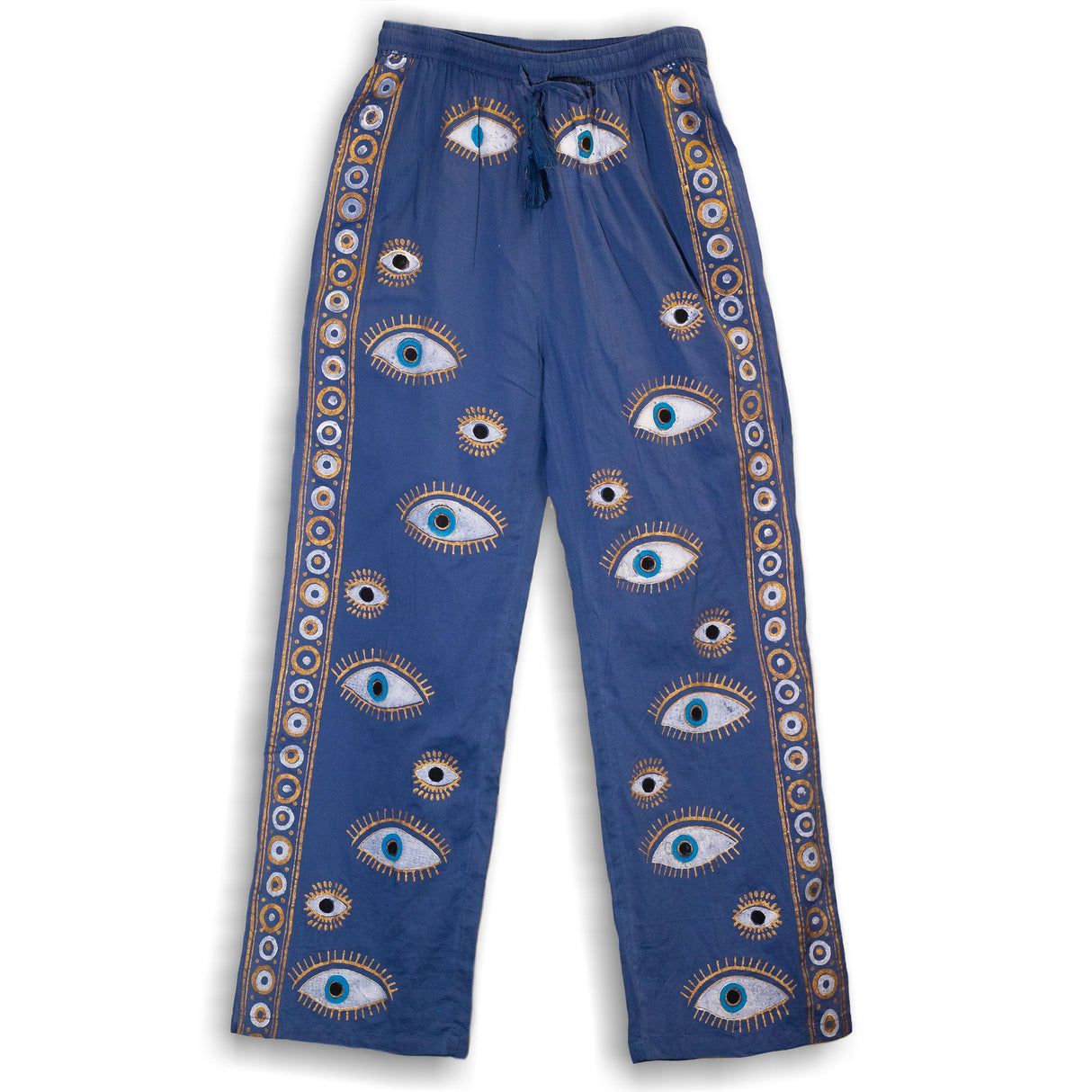 Nomad Sari On the Med Collection – Lounge Pants – Rich Blue & Gold Hand-Painted Evil Eye (Size L/XL)