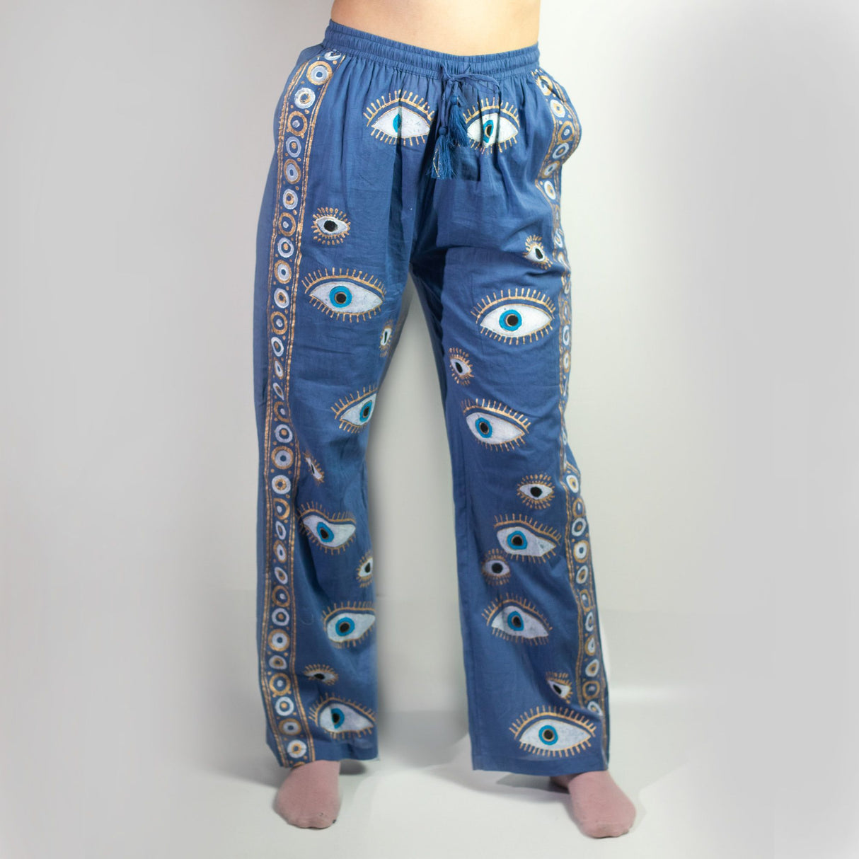 Nomad Sari On the Med Collection – Lounge Pants – Rich Blue & Gold Hand-Painted Evil Eye (Size L/XL)