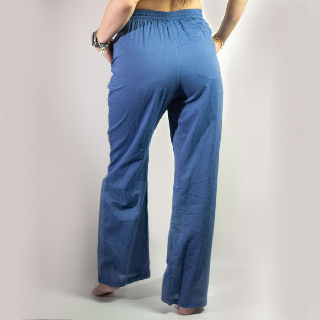 Nomad Sari On the Med Collection – Lounge Pants – Rich Blue & Gold Hand-Painted Evil Eye (Size L/XL)