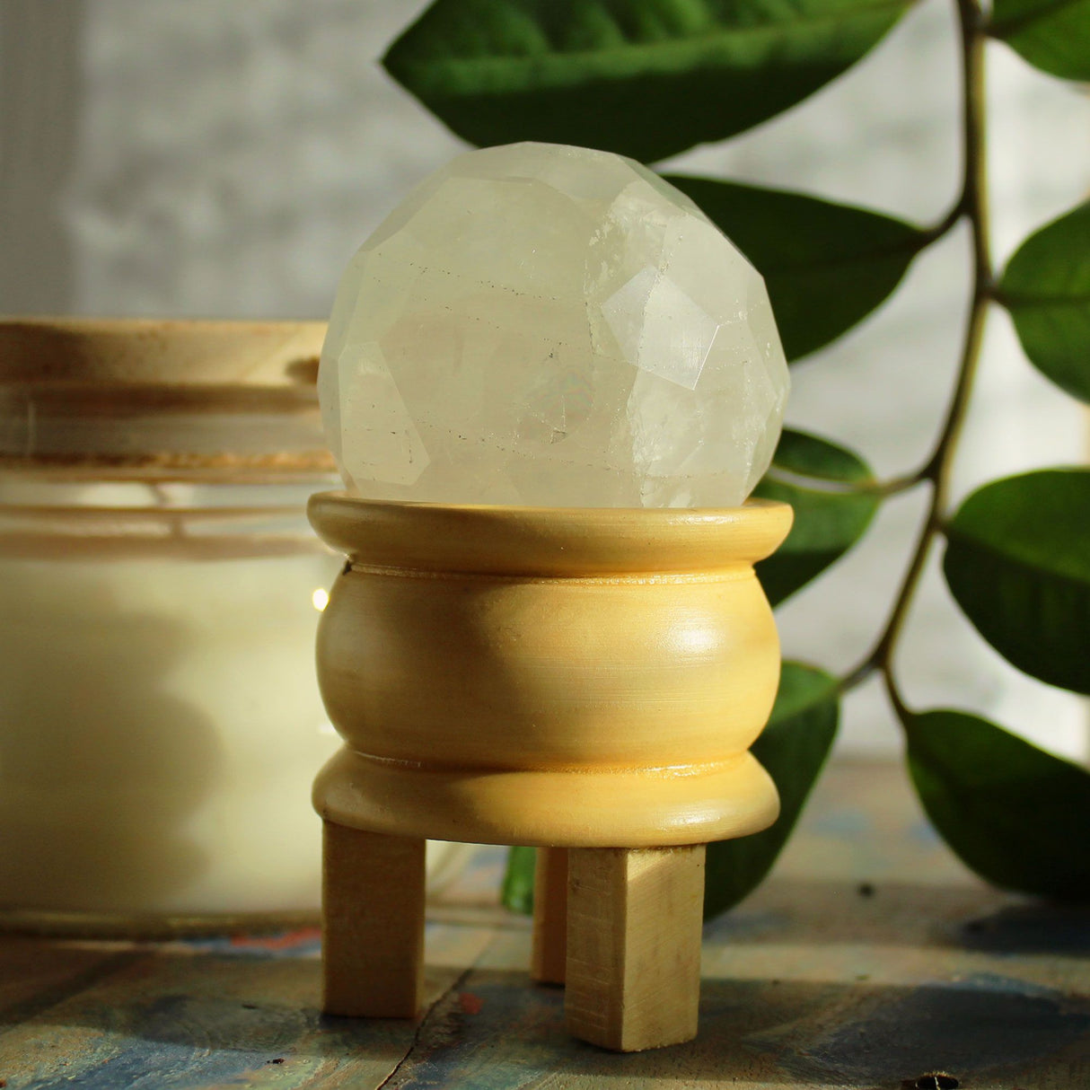 Rock Quartz Gemstone Healing Sphere – With Wooden Stand
