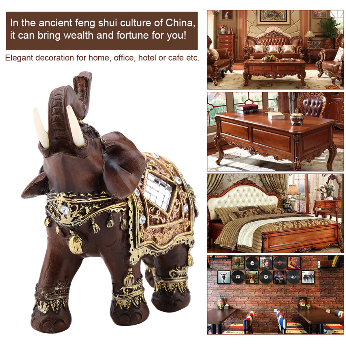 Feng Shui Wood-Grain Elephant Statue – Lucky Wealth Figurine – view 6