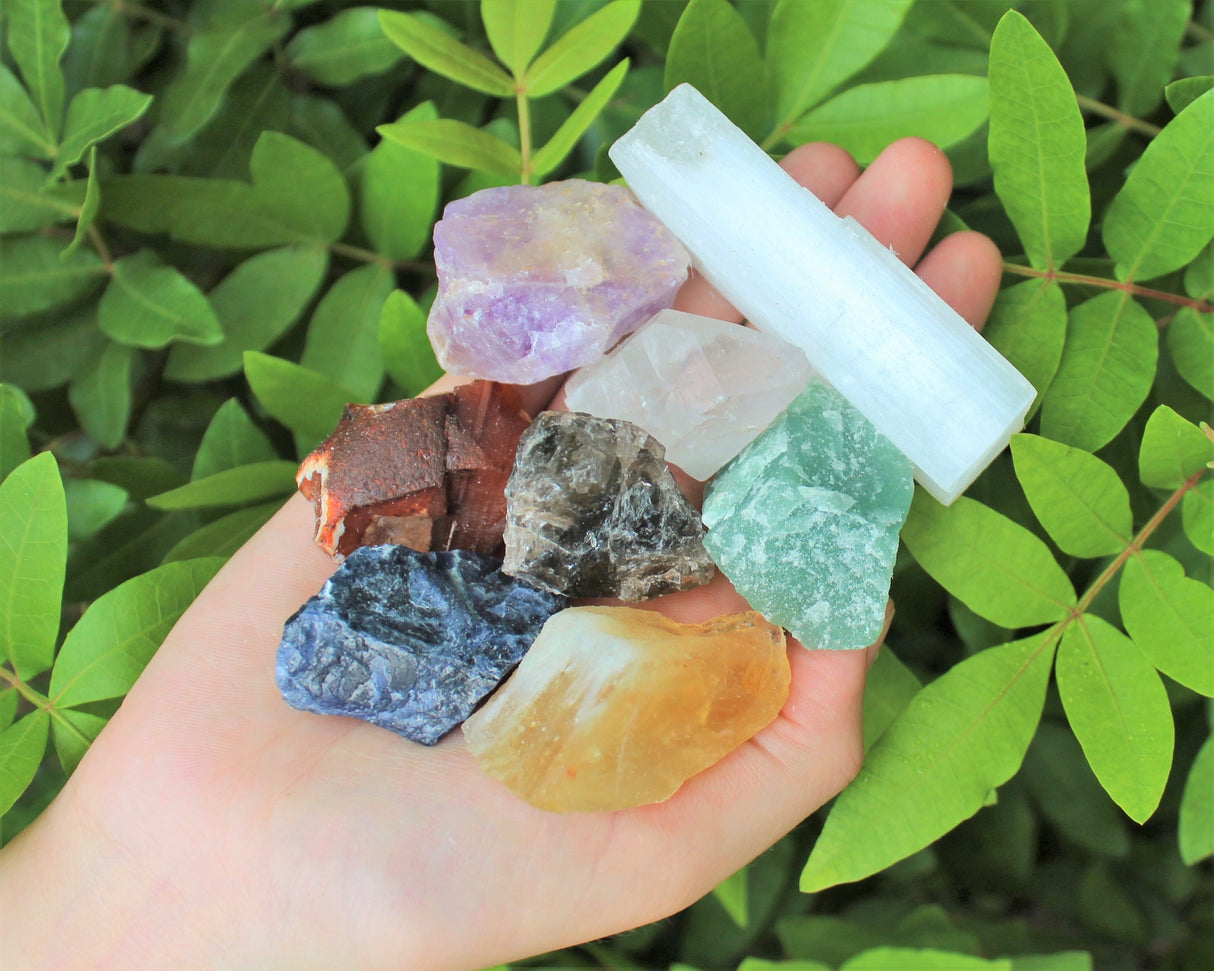 LARGE 7 Chakra Rough Stone Set - Seven Raw Stones, Selenite Stick & Directions (Chakra Gifts)