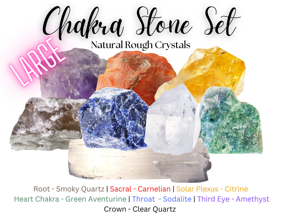 LARGE 7 Chakra Rough Stone Set - Seven Raw Stones, Selenite Stick & Directions (Chakra Gifts)