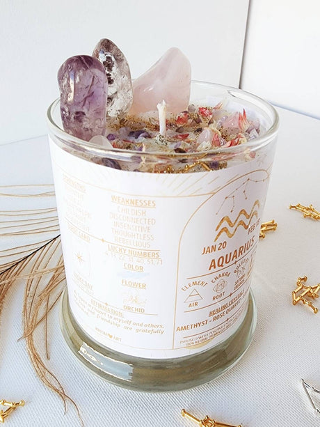 AQUARIUS Candle for Aquarius Gift Zodiac Candle with Dried Flower Candle Aquarius Crystals Astrology Candle Trendy Candle Herbal