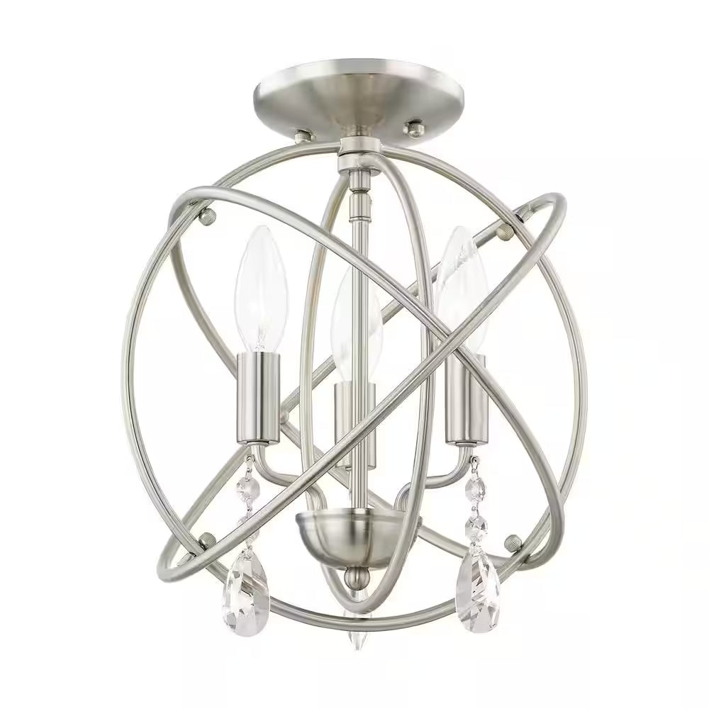 Cahill 12.625 In. 3-Light Brushed Nickel Convertible Mini Chandelier/Semi Flush with Crystals