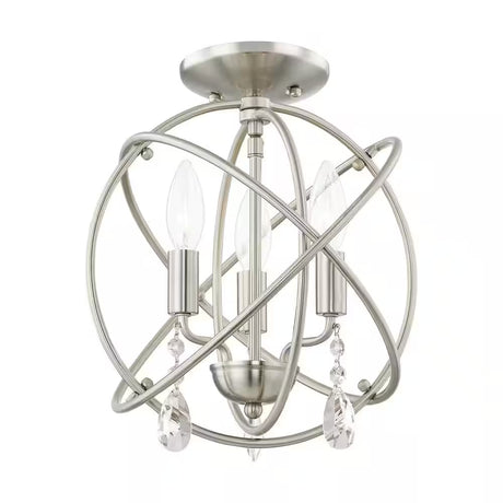 Cahill 12.625 In. 3-Light Brushed Nickel Convertible Mini Chandelier/Semi Flush with Crystals