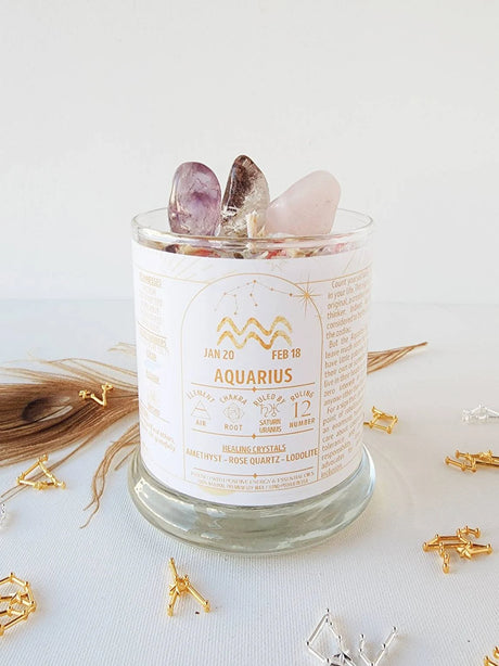 AQUARIUS Candle for Aquarius Gift Zodiac Candle with Dried Flower Candle Aquarius Crystals Astrology Candle Trendy Candle Herbal