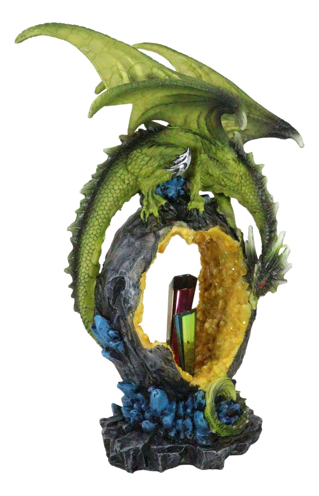 Green Dragon Guarding Faux Geode Crystal Arch Rock with Rainbow Icicle Figurine