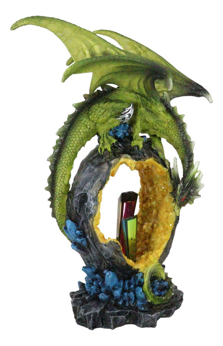 Green Dragon Guarding Faux Geode Crystal Arch Rock with Rainbow Icicle Figurine