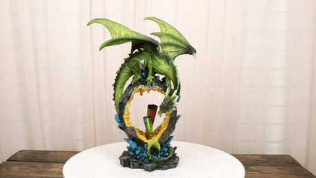 Green Dragon Guarding Faux Geode Crystal Arch Rock with Rainbow Icicle Figurine