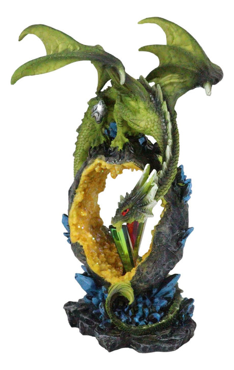 Green Dragon Guarding Faux Geode Crystal Arch Rock with Rainbow Icicle Figurine