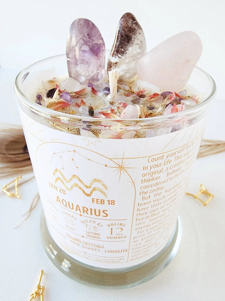 AQUARIUS Candle for Aquarius Gift Zodiac Candle with Dried Flower Candle Aquarius Crystals Astrology Candle Trendy Candle Herbal