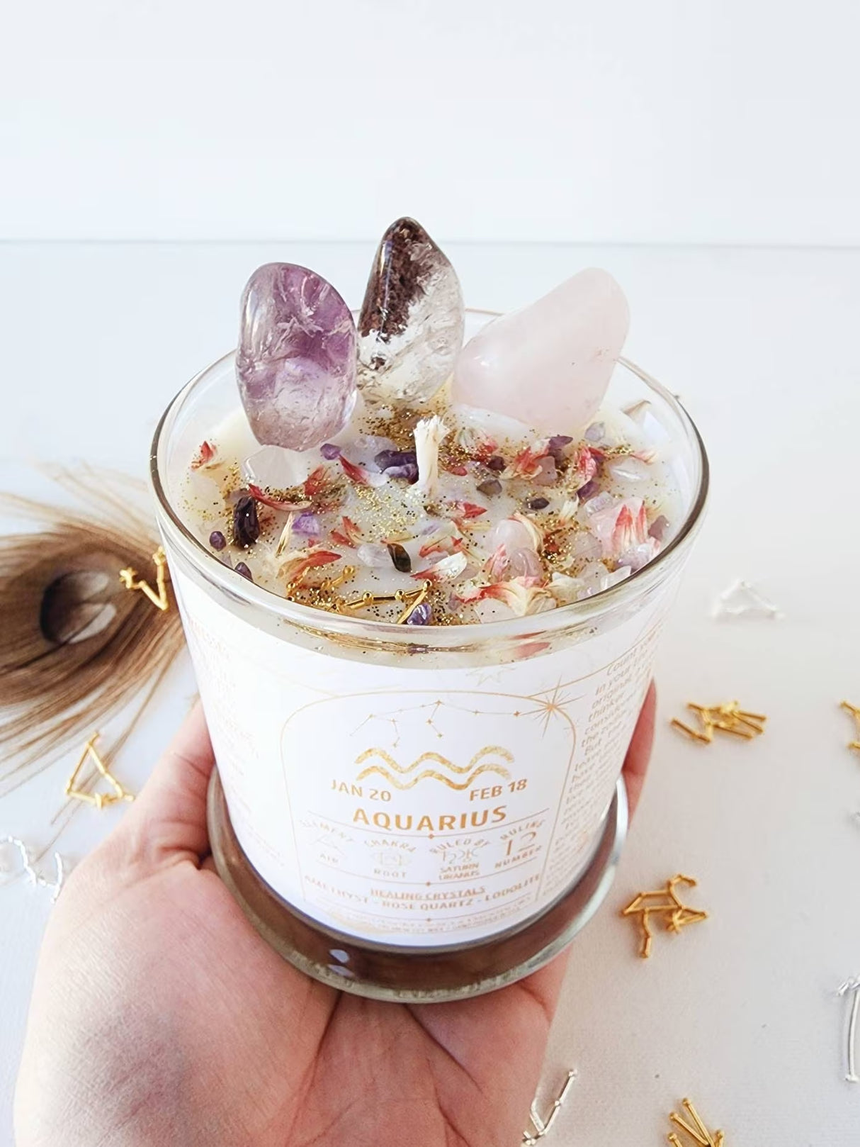 AQUARIUS Candle for Aquarius Gift Zodiac Candle with Dried Flower Candle Aquarius Crystals Astrology Candle Trendy Candle Herbal