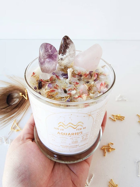 AQUARIUS Candle for Aquarius Gift Zodiac Candle with Dried Flower Candle Aquarius Crystals Astrology Candle Trendy Candle Herbal
