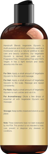 Vegetable Glycerin/Glycerine - for DIY Blends 8 Fl Oz - 100% Pure and Natural - Premium Grade Oil for Skin and Hair - Hair and Body - Massage