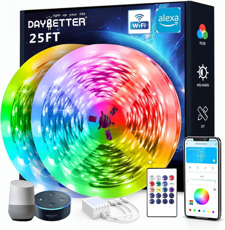 Smart Wifi Led Lights, 25 FT RGB Led Strip Lights Compatible with Alexa and Google Assistant, App Voice Remote Control Music Sync Color Changingled Strip Lighting for Bedroom Room Decor