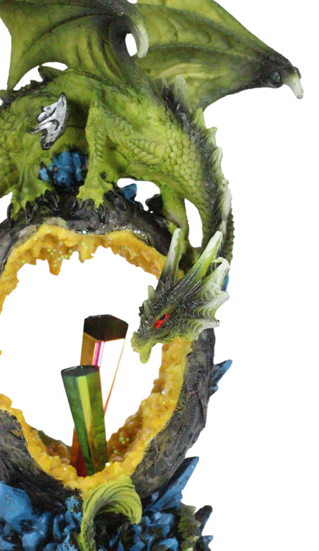 Green Dragon Guarding Faux Geode Crystal Arch Rock with Rainbow Icicle Figurine