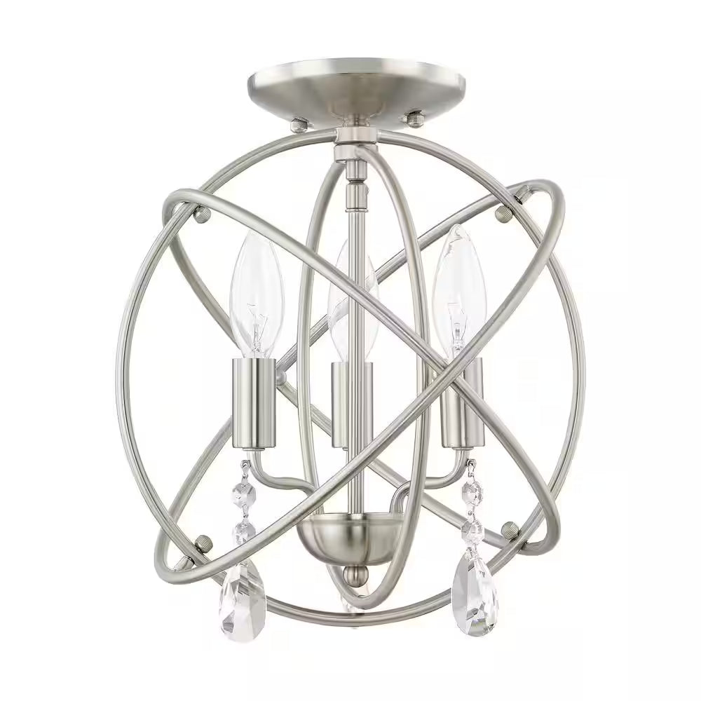 Cahill 12.625 In. 3-Light Brushed Nickel Convertible Mini Chandelier/Semi Flush with Crystals