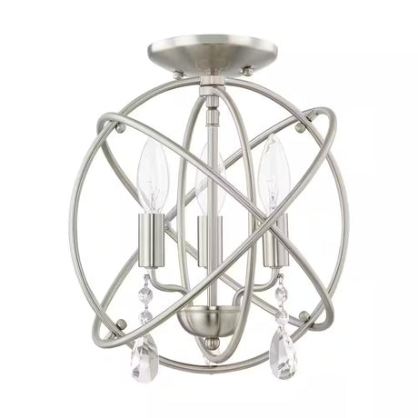 Cahill 12.625 In. 3-Light Brushed Nickel Convertible Mini Chandelier/Semi Flush with Crystals