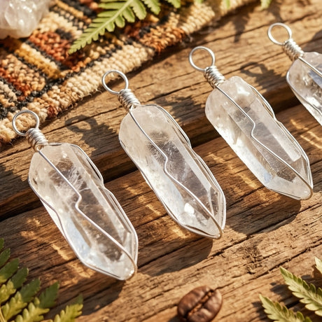 Quartz Crystal Point Wire Wrapped Pendant (Silver Plated) Natural Genuine