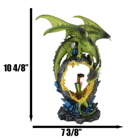 Green Dragon Guarding Faux Geode Crystal Arch Rock with Rainbow Icicle Figurine