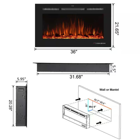 36 In. Electric Fireplace Insert with Remote and Log Crystal, Black