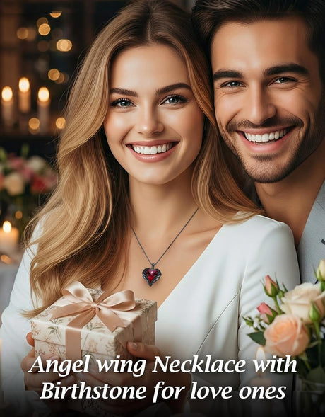 Angel Wings Necklace for Women with Birthstone, Love Heart Silver Tone/Gold Tone Pendant, Ideal Anniversary or Birthday Jewelry Gifts for Wife Girlfriend Her