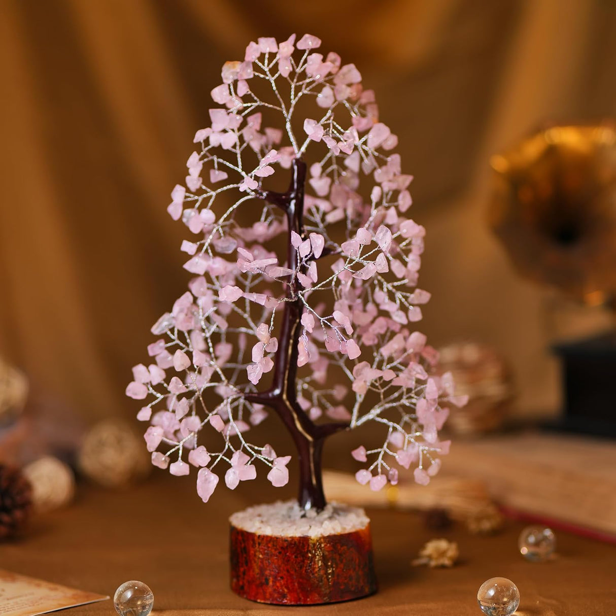 7 Chakra Money Tree Healing Feng Shui Statues & Figurines Reiki Crystal Balancing Buddha Home Décor (Rose Quartz Silver)