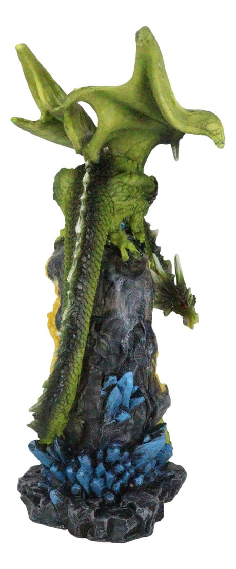 Green Dragon Guarding Faux Geode Crystal Arch Rock with Rainbow Icicle Figurine