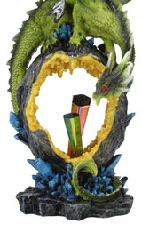 Green Dragon Guarding Faux Geode Crystal Arch Rock with Rainbow Icicle Figurine