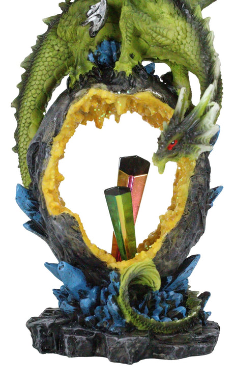 Green Dragon Guarding Faux Geode Crystal Arch Rock with Rainbow Icicle Figurine