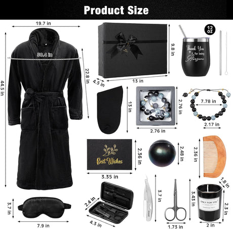 15 Pcs Birthday Gifts for Men Beard Care Set for Him Dad Birthday Gifts Basket Ideas Kit for Men Tumbler Bath Robe for Father'S Day Dad Husband Boyfriend Box (Unhooded,Black)