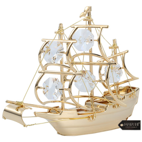 Home Decorative Tabletop Showpiece 24K Gold Plated Crystal Studded Mayflower Sailing Ship Ornament