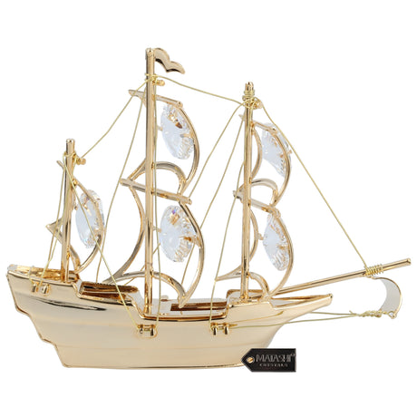 Home Decorative Tabletop Showpiece 24K Gold Plated Crystal Studded Mayflower Sailing Ship Ornament