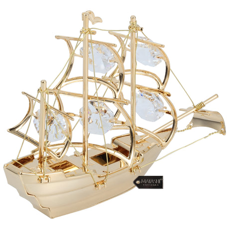 Home Decorative Tabletop Showpiece 24K Gold Plated Crystal Studded Mayflower Sailing Ship Ornament