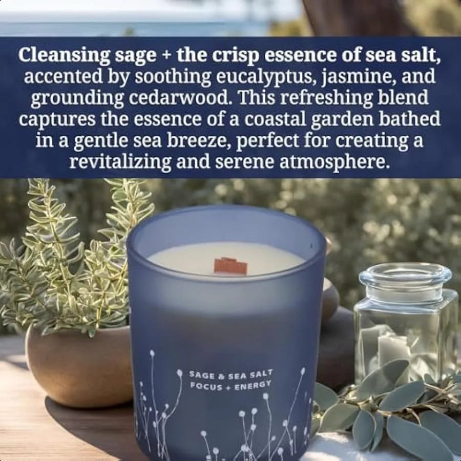 Sage & Sea Salt Scented Candle – 10.6 oz Natural Soy with Wood Wick