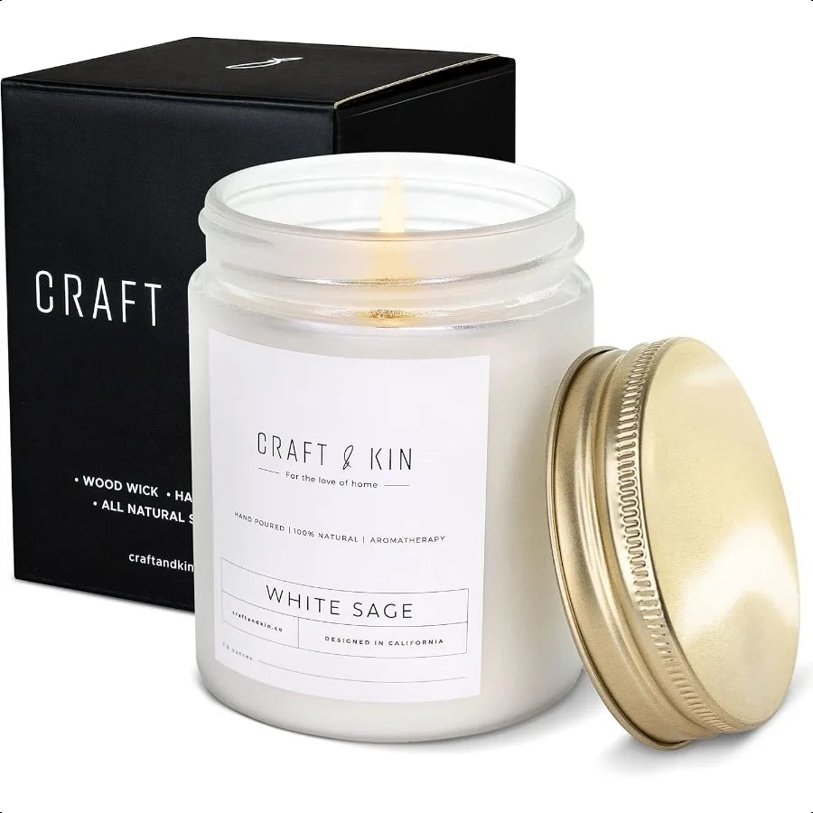 White Sage Scented Candle – 8 oz, 45-Hour Burn, Natural Soy with Wood Wick