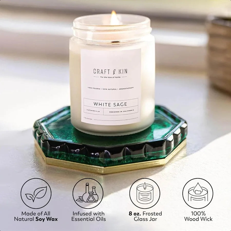 White Sage Scented Candle – 8 oz, 45-Hour Burn, Natural Soy with Wood Wick
