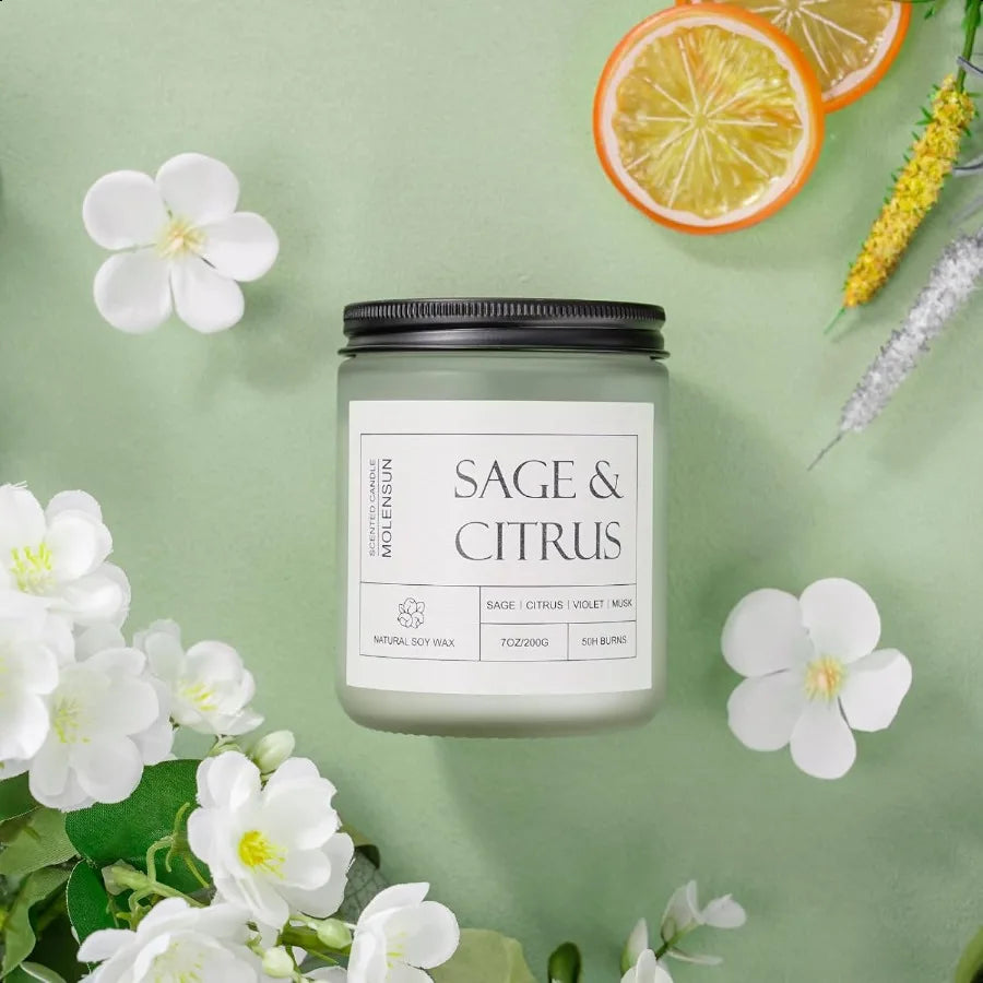 Sage & Citrus Aromatherapy Candle – 7 oz Soy Wax Jar | 50-Hour Burn Time