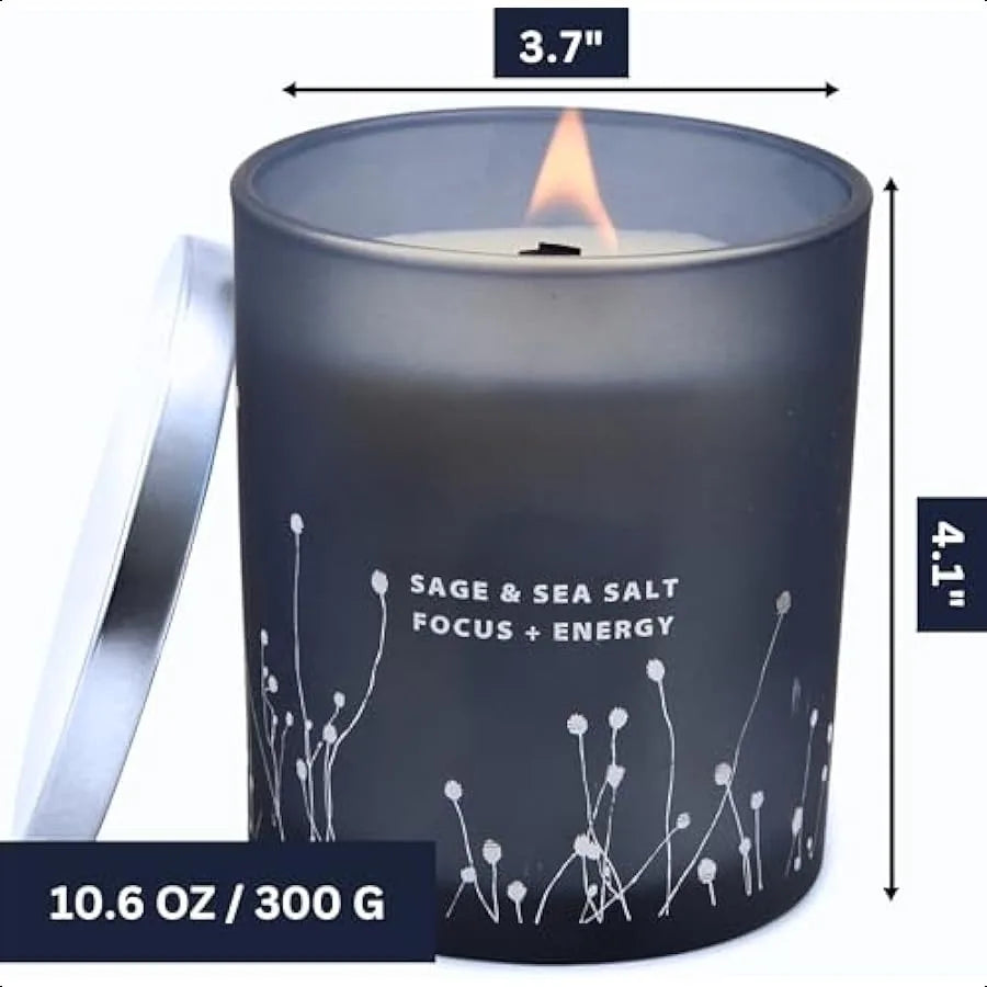 Sage & Sea Salt Scented Candle – 10.6 oz Natural Soy with Wood Wick