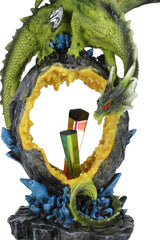 Green Dragon Guarding Faux Geode Crystal Arch Rock with Rainbow Icicle Figurine