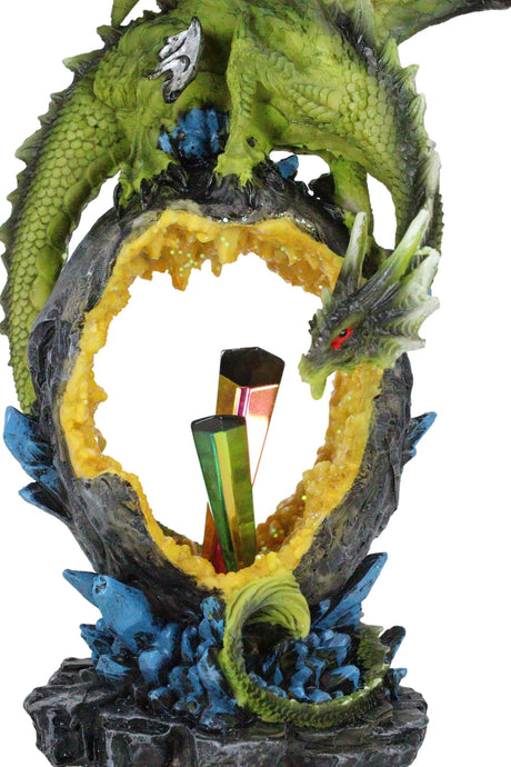 Green Dragon Guarding Faux Geode Crystal Arch Rock with Rainbow Icicle Figurine