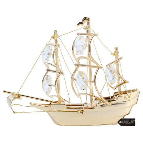 Home Decorative Tabletop Showpiece 24K Gold Plated Crystal Studded Mayflower Sailing Ship Ornament